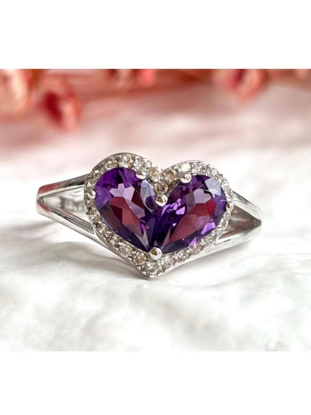 Heart Shaped Amethyst Gemstone Sterling Silver 925 Vintage Ring - sz 7.5
